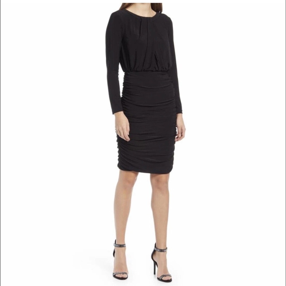 Eliza J | Black Ruched Long Sleeve Stretch Jersey Above Knee Dress Size 2